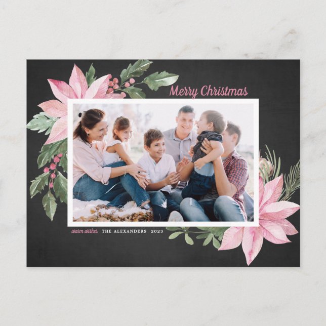 Pink Poinsettias Chalkboard Merry Christmas Photo Holiday Postcard (Front)