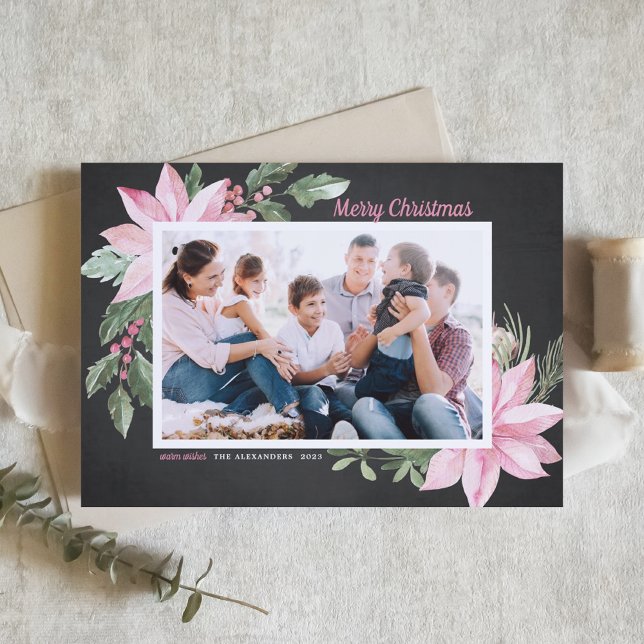 Pink Poinsettias Chalkboard Photo Merry Christmas Holiday Card (Creator Uploaded)