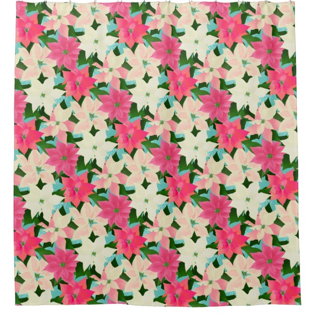 Pink Poinsettias Christmas Shower Curtain (Front)