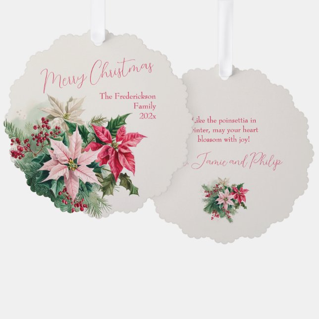 Pink Poinsettias Elegant Paper Ornament Card (Front/Back)