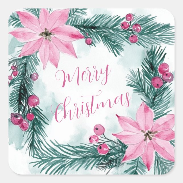 Pink Poinsettias Floral Christmas Square Sticker (Front)