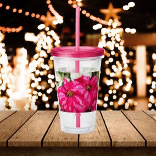 Pink Poinsettias Floral Holiday Acrylic Tumbler