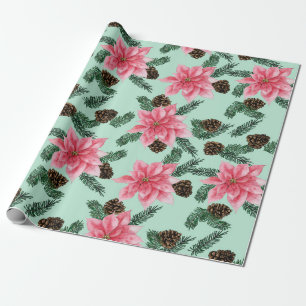 Pink Poinsettias in Green Wrapping Paper