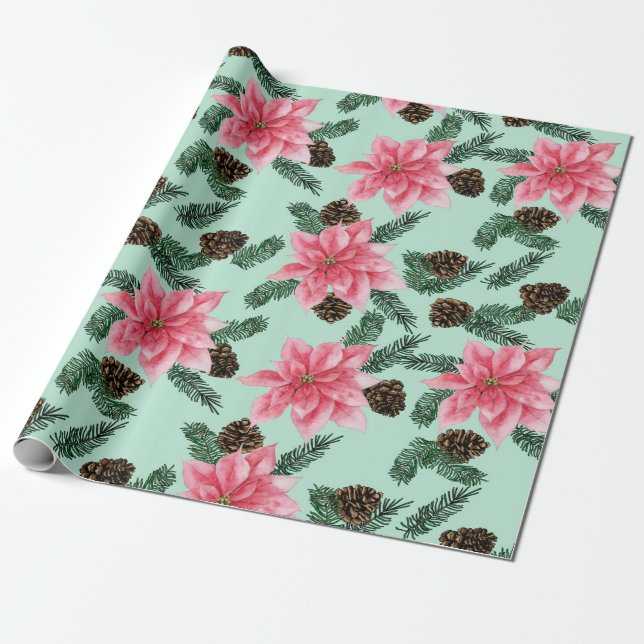 Pink Poinsettias in Green Wrapping Paper (Unrolled)