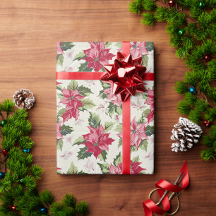 Pink Poinsettias on Cream Background Wrapping Paper
