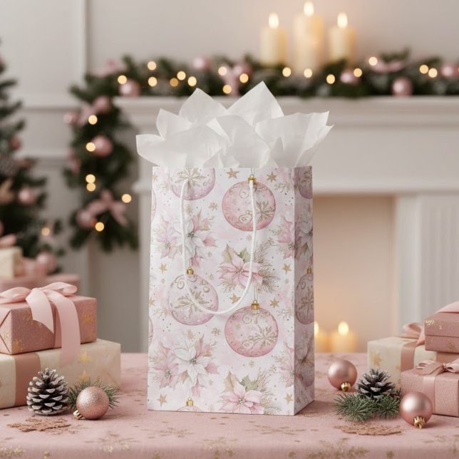 Pink Poinsettias Ornaments Gold Stars Holiday Medium Gift Bag (Creator Uploaded)