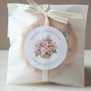 Pink Poinsettias Personalised Merry Christmas Classic Round Sticker