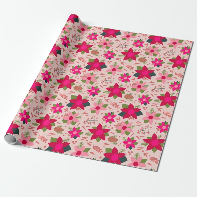 Pink Poinsettias Wrapping Paper (Unrolled)