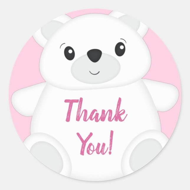 Pink Polar Bear Baby Shower Classic Round Sticker (Front)
