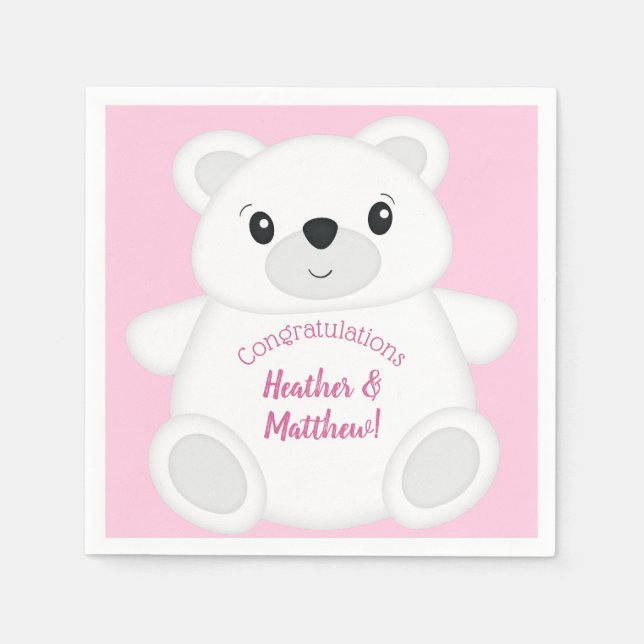 Pink Polar Bear Baby Shower Napkin (Front)