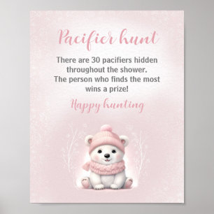 Pink Polar Bear Baby Shower Pacifier Hunt Game Poster