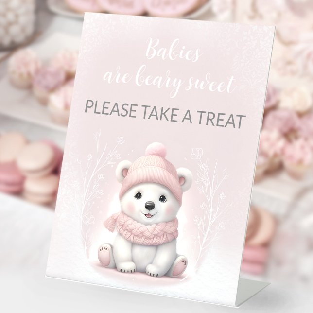 Pink Polar Bear Baby Shower Pedestal Favour Sign (Pink Polar Bear Baby Shower Pedestal Favor Sign)
