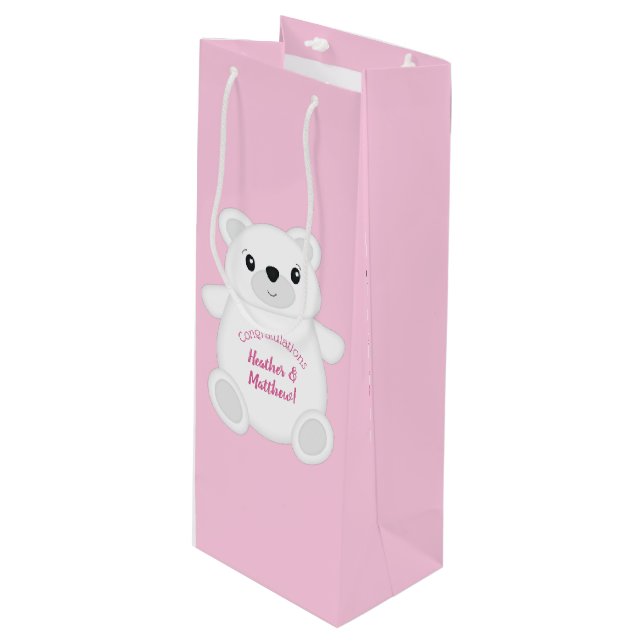 Pink Polar Bear Baby Shower Wine Gift Bag (Front Angled)