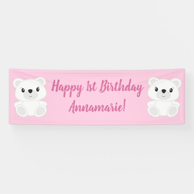 Pink Polar Bear Birthday Party Banner (Horizontal)