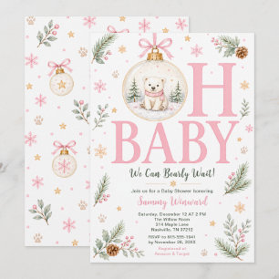 Pink Polar Bear Christmas Baby Shower Invitation