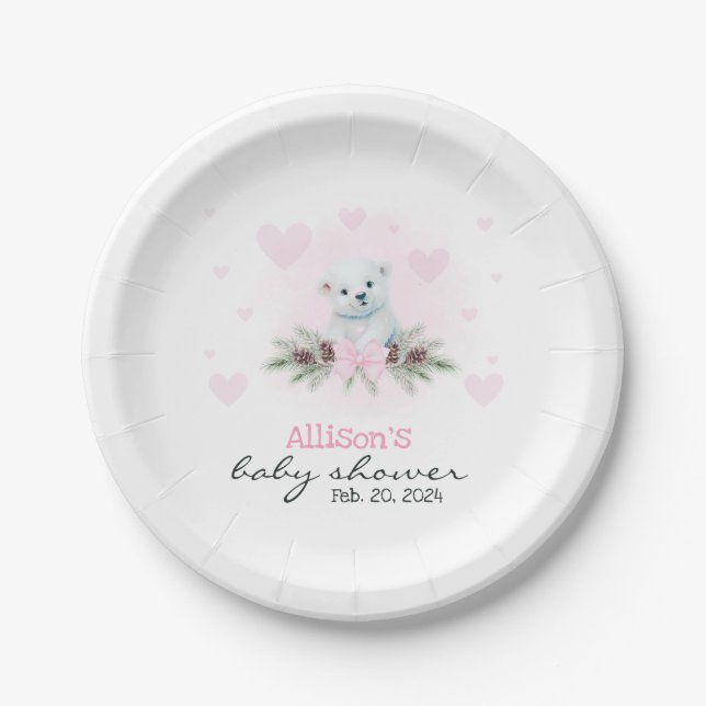 Pink Polar Bear Cub Girl Hearts Winter Baby Shower Paper Plate (Front)