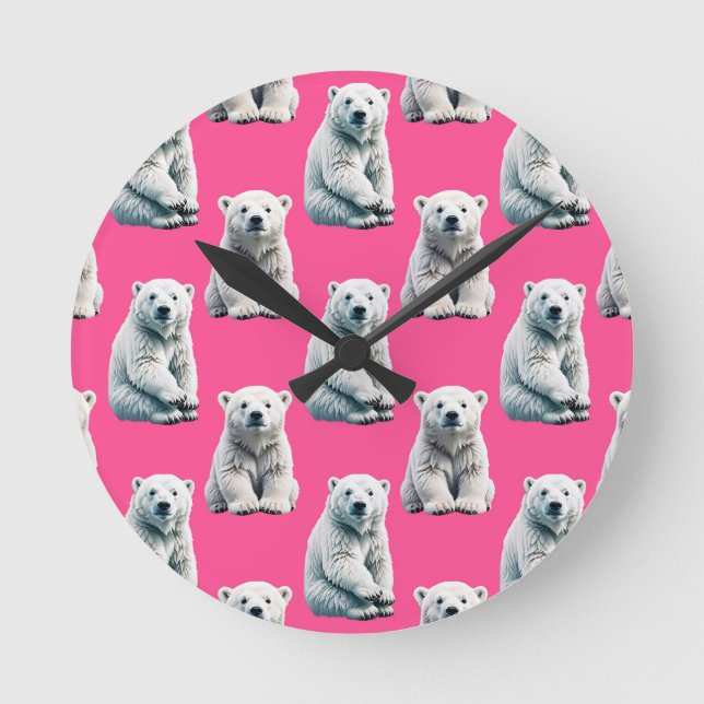 Pink Polar Bear Pattern Design  Round Clock (Front)
