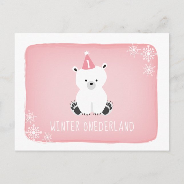 Pink Polar Bear Winter Onederland First Birthday Invitation Postcard (Front)
