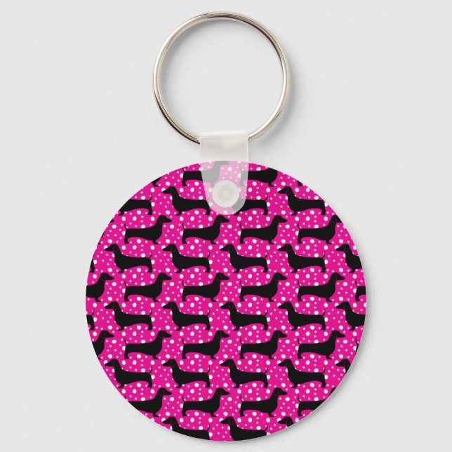 Pink Polka Dachshunds Key Ring (Front)