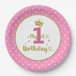 Pink Polka Dot 1st Birthday Partyware Paper Plate