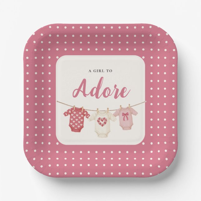 Pink Polka Dot "A Girl to Adore" Baby Shower Paper Plate (Front)