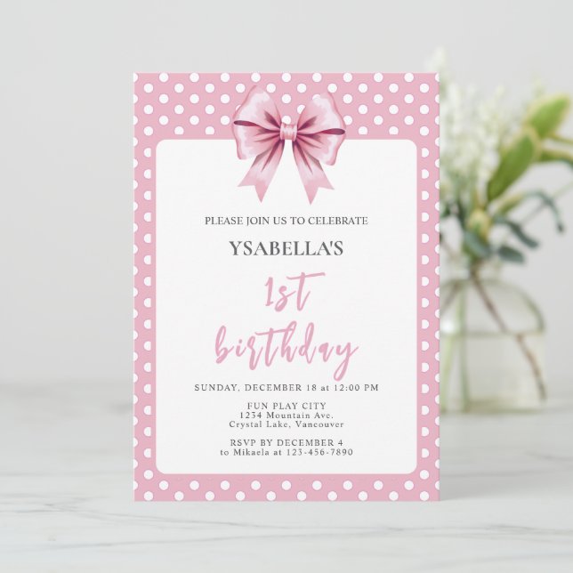 Pink Polka Dot and Bow First Birthday Invitation (Standing Front)