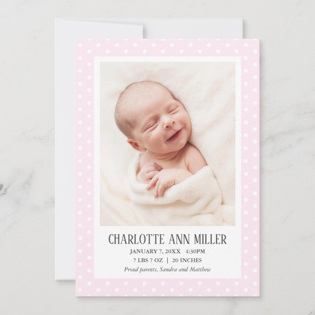 Pink Polka Dot Baby Birth Announcement Photo Card (Front)