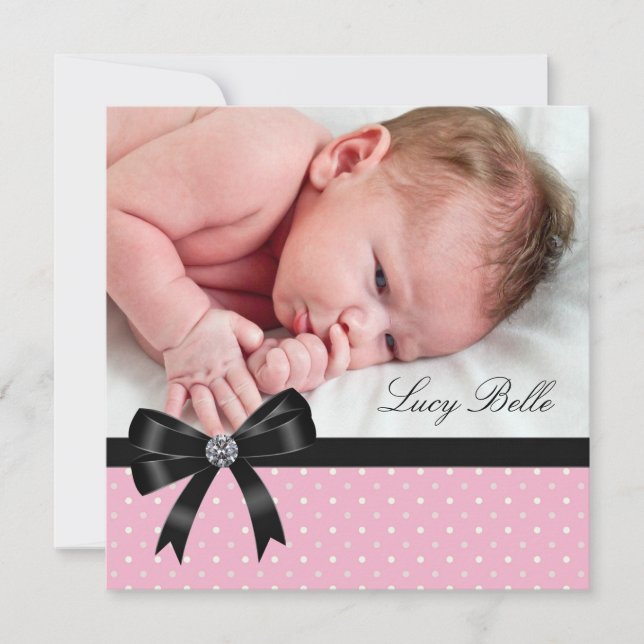 Pink Polka Dot Baby Girl Photo Birth Announcement (Front)