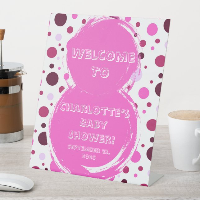 Pink polka dot Baby Shower Invitation Pedestal Sign (In SItu)