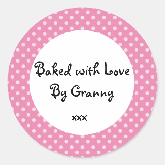 Pink Polka dot 'baked by Granny' sticker (Front)