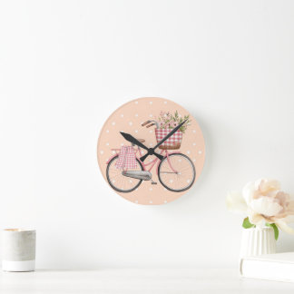 Pink Polka Dot Bicycle, Cute Vintage Decor Round Clock