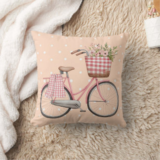 Pink Polka Dot Bicycle Pillow, Cute Vintage Decor Cushion