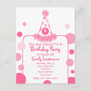 Pink Polka Dot Birthday Party Hat Invite