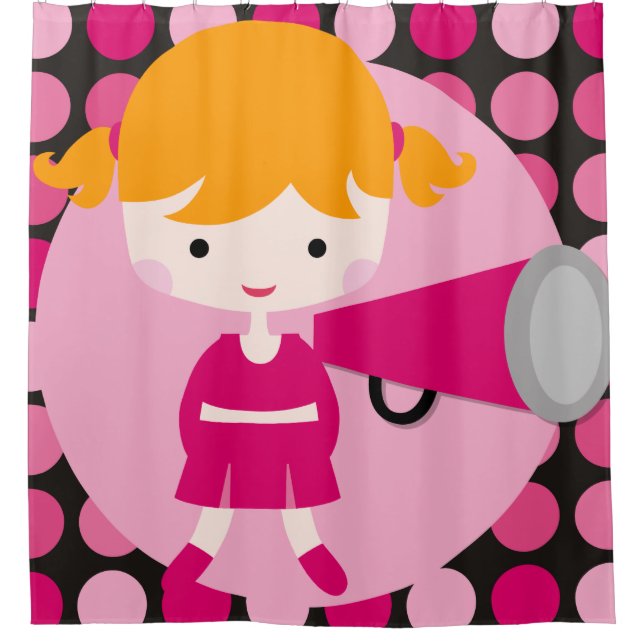 Pink Polka Dot Blonde Hair Cheerleader Shower Curtain (Front)