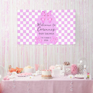 Pink polka dot bows gingham plaid baby shower banner