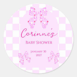 Pink polka dot bows gingham plaid baby shower classic round sticker