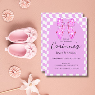 Pink polka dot bows gingham plaid baby shower invitation