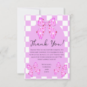 Pink polka dot bows gingham plaid baby shower thank you card