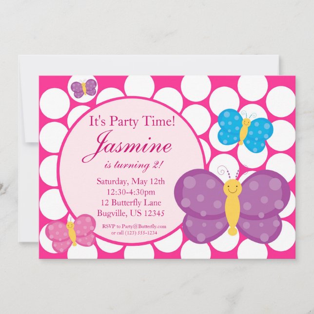 Pink Polka Dot Butterfly Birthday Party Invitation (Front)