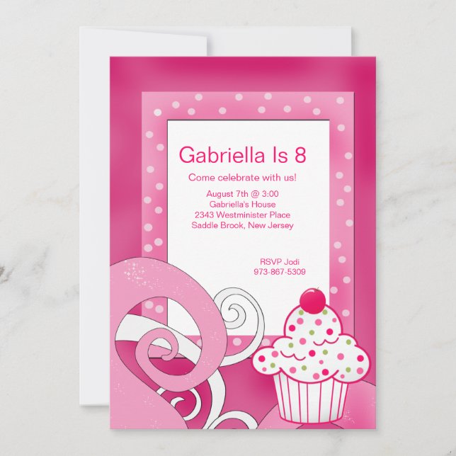 Pink, Polka Dot, Cupcake Birthday Party Invitation (Front)