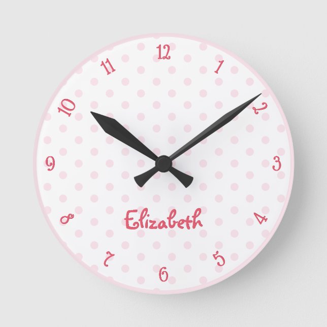 Pink Polka Dot Custom Name Girls Kids Room Nursery Round Clock (Front)