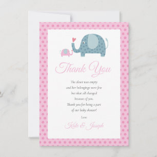 Pink Polka Dot Elephants Baby Girl Thank You Poem Card