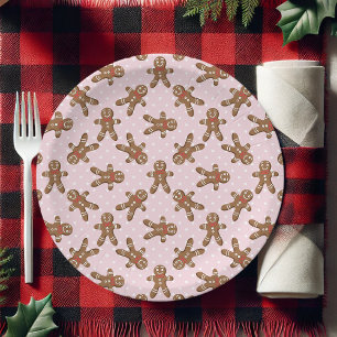 Pink Polka Dot Gingerbread Man Christmas Paper Plate