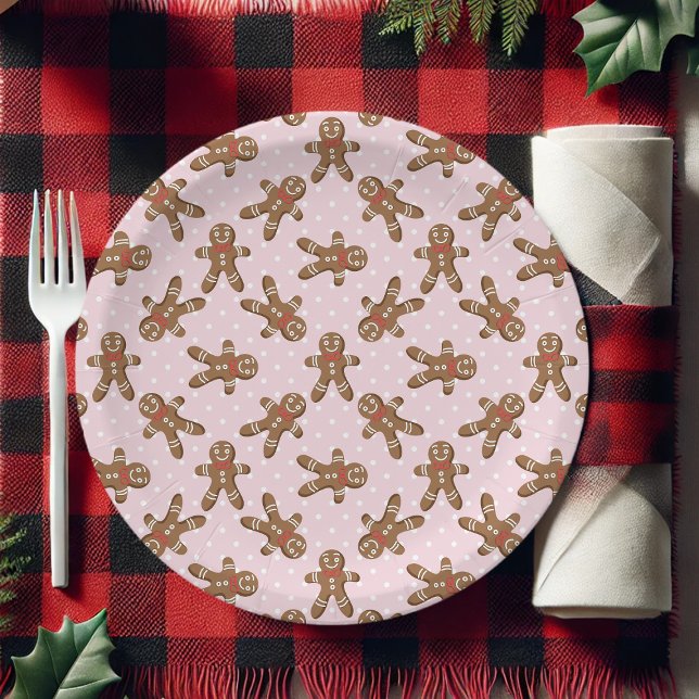 Pink Polka Dot Gingerbread Man Christmas Paper Plate (Creator Uploaded)