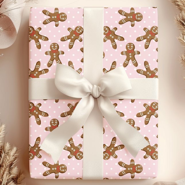 Pink Polka Dot Gingerbread Man Christmas Wrapping Paper (Creator Uploaded)