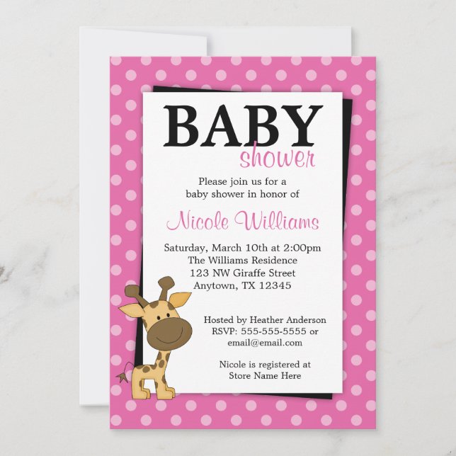Pink Polka Dot Giraffe Baby Shower Invitations (Front)