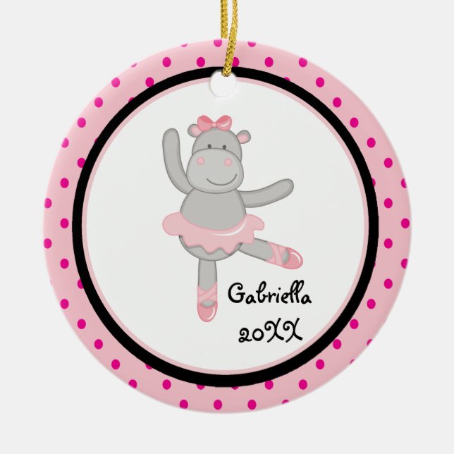 Pink Polka Dot Hippo Ballerina Christmas Ornament (Front)