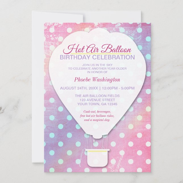 Pink Polka Dot Hot Air Balloon Birthday Invitation (Front)