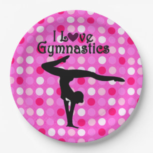 PINK POLKA DOT I LOVE GYMNASTICS PAPER PLATES