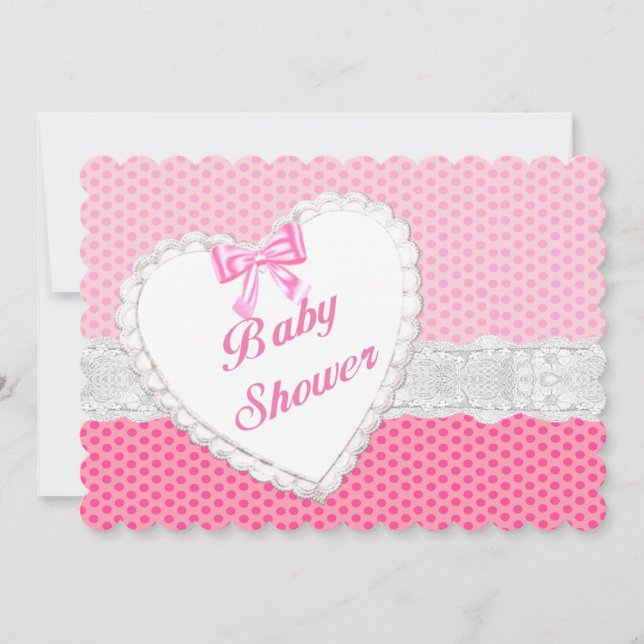 Pink Polka Dot Lace Heart Baby Shower Invitation (Front)